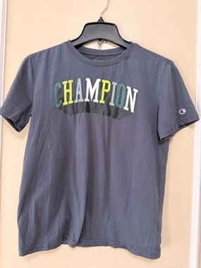 Champion Short Sleeve Logo Tee in Charcoal with Multicolor Letters